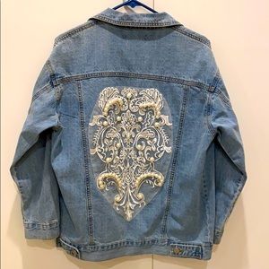 Oversized Jean Jacket with Pearl Embroidery Detail